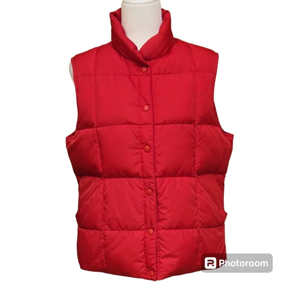 Lands' End Goose Down Snap Front Puffer Vest w Pockets Vibrant Red Sz M (10-12)